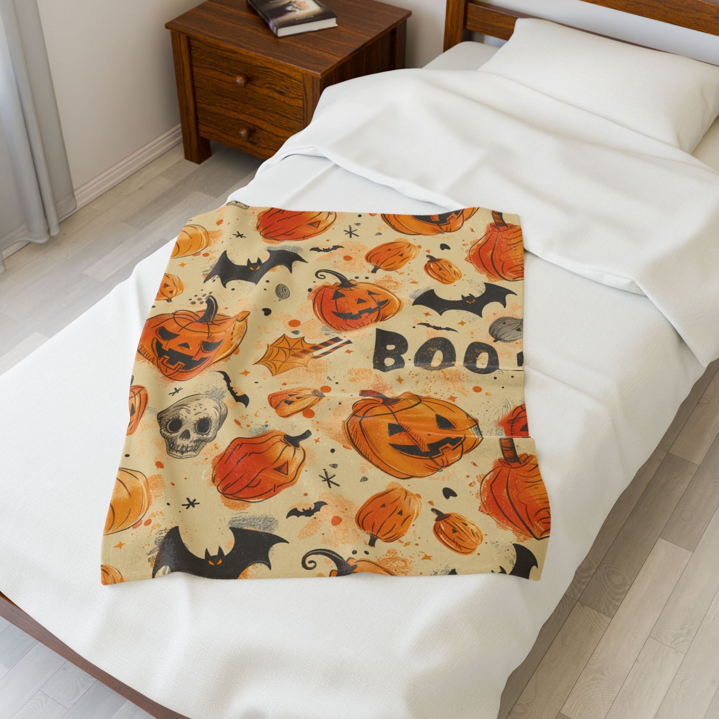 Pumpkins And Bats Velveteen Plush Blanket, Cozy Halloween Throw, Soft Blanket for Fall, Cute Home Décor, Perfect Gift for Kids