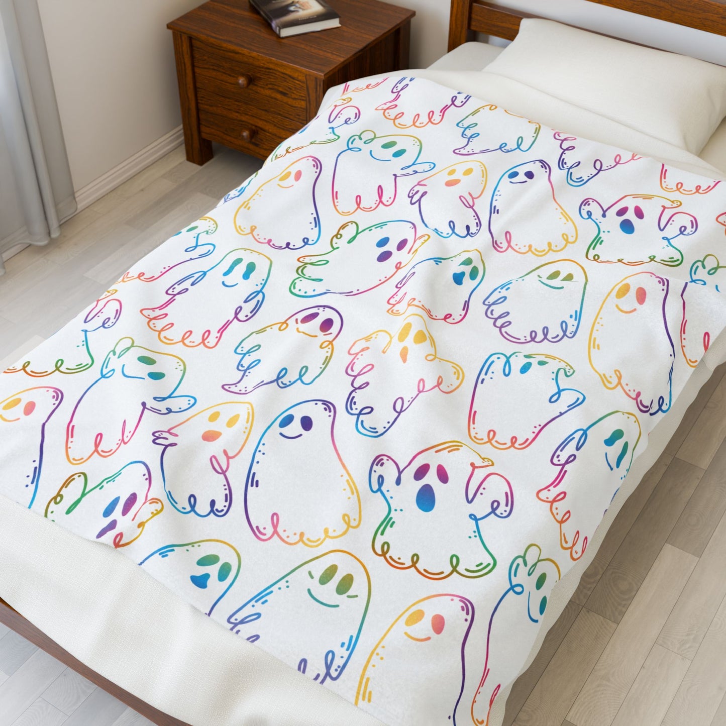 Rainbow Ghosts Velveteen Plush Blanket, Cozy Halloween Throw, Soft Blanket for Fall, Cute Home Décor, Perfect Gift for Kids