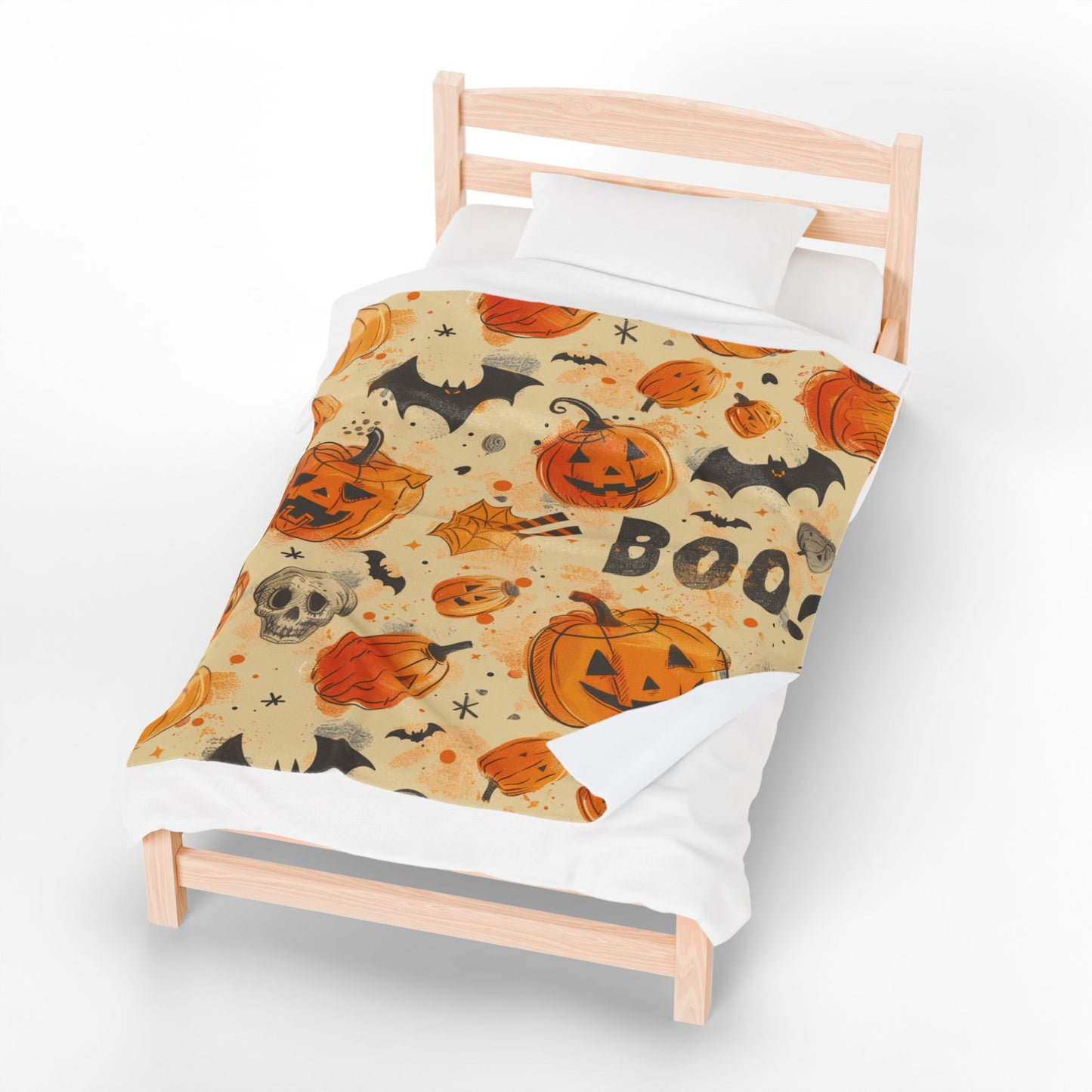 Pumpkins And Bats Velveteen Plush Blanket, Cozy Halloween Throw, Soft Blanket for Fall, Cute Home Décor, Perfect Gift for Kids