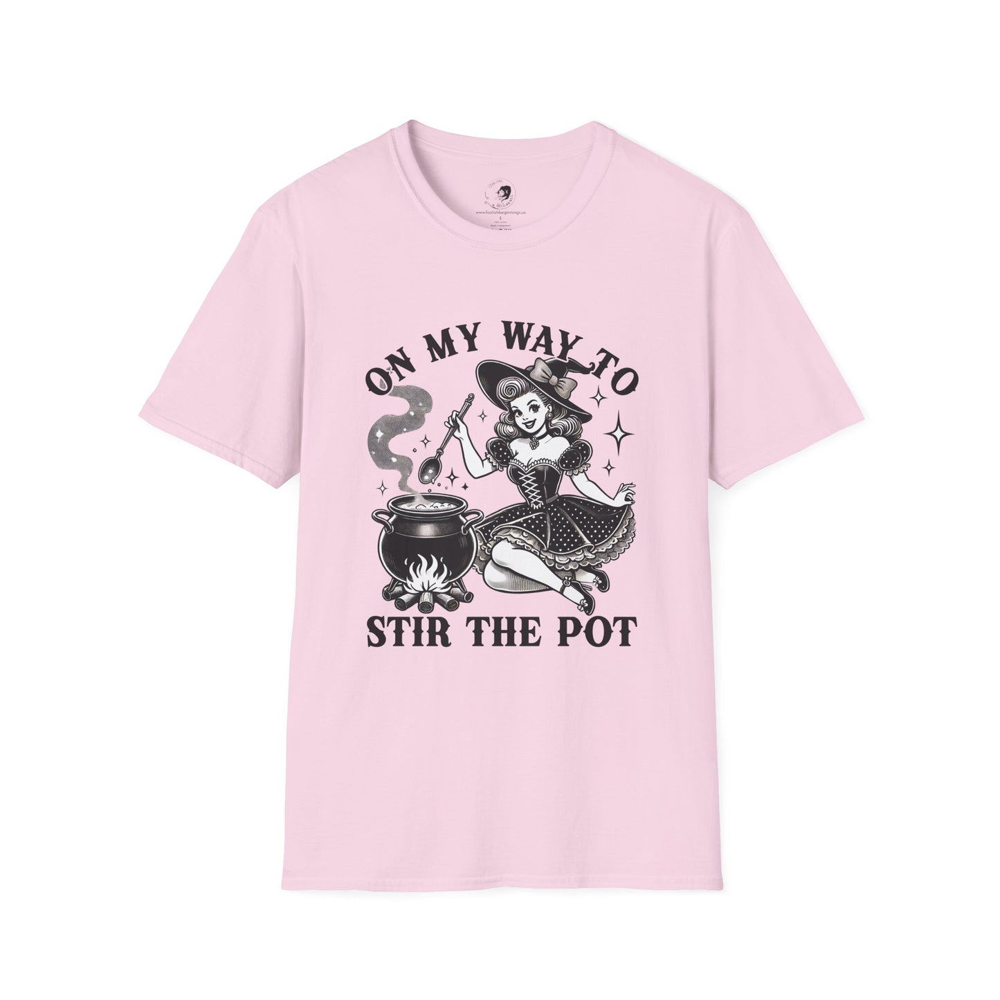 On My Way To Stir The Pot Whimsical Witch T-Shirt - Unisex Softstyle Shirt