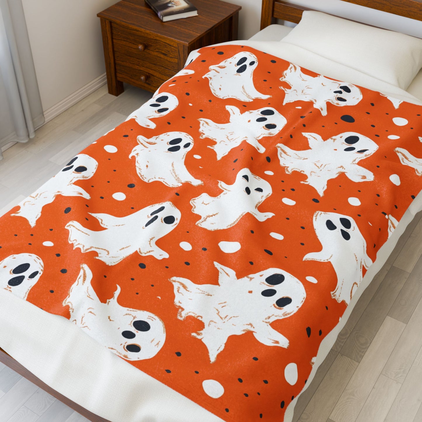 Orange Ghosts Velveteen Plush Blanket, Cozy Halloween Throw, Soft Blanket for Fall, Cute Home Décor, Perfect Gift for Kids