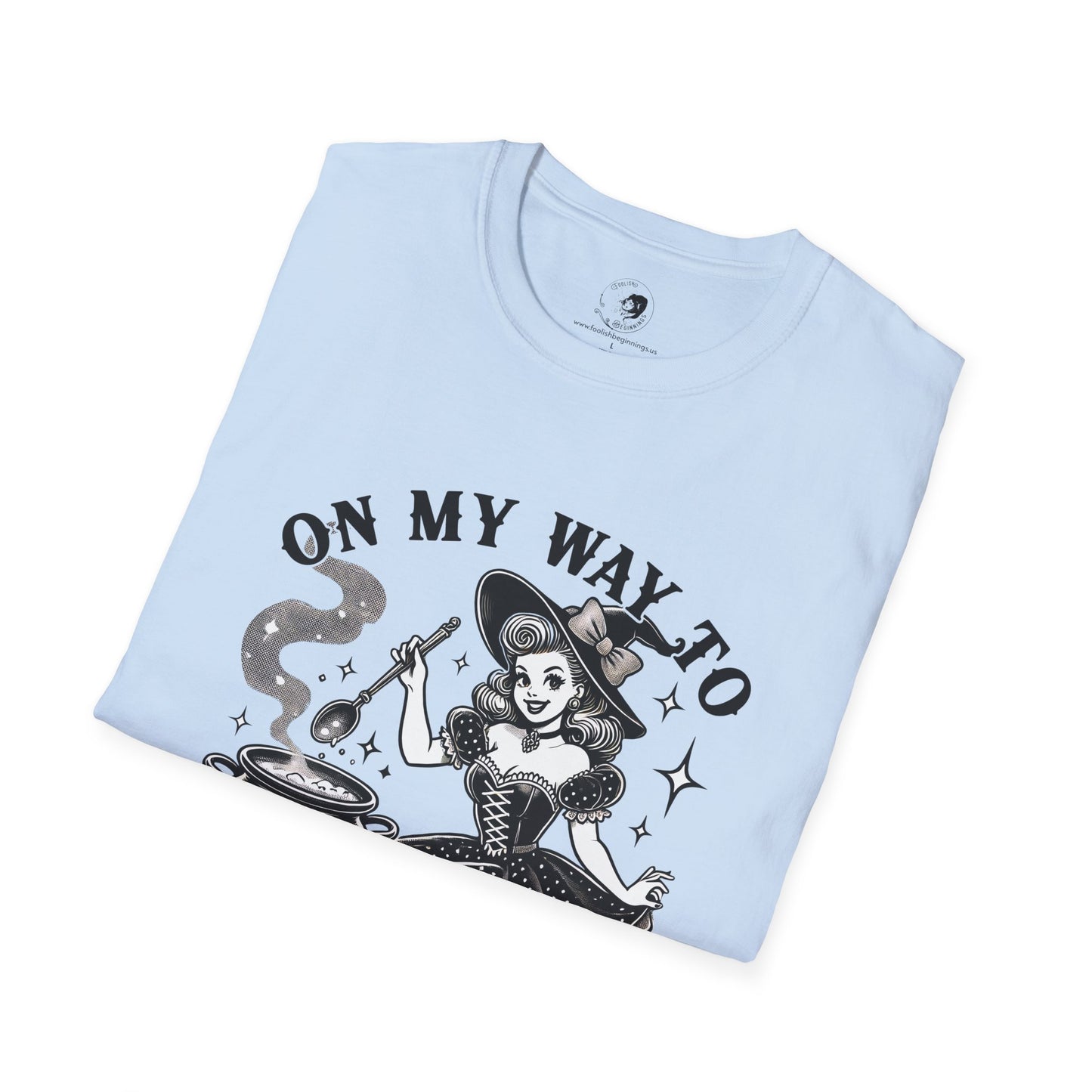On My Way To Stir The Pot Whimsical Witch T-Shirt - Unisex Softstyle Shirt