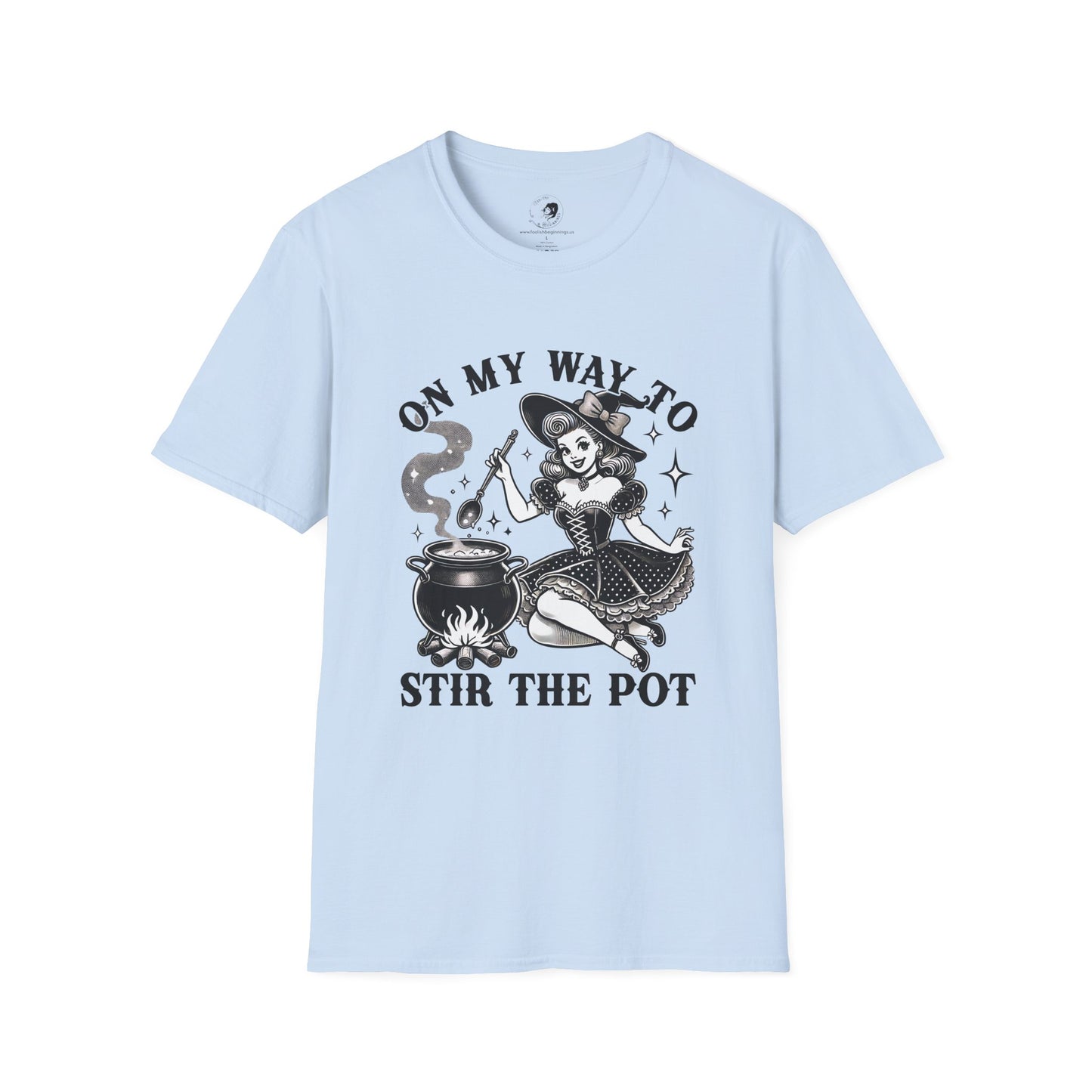 On My Way To Stir The Pot Whimsical Witch T-Shirt - Unisex Softstyle Shirt