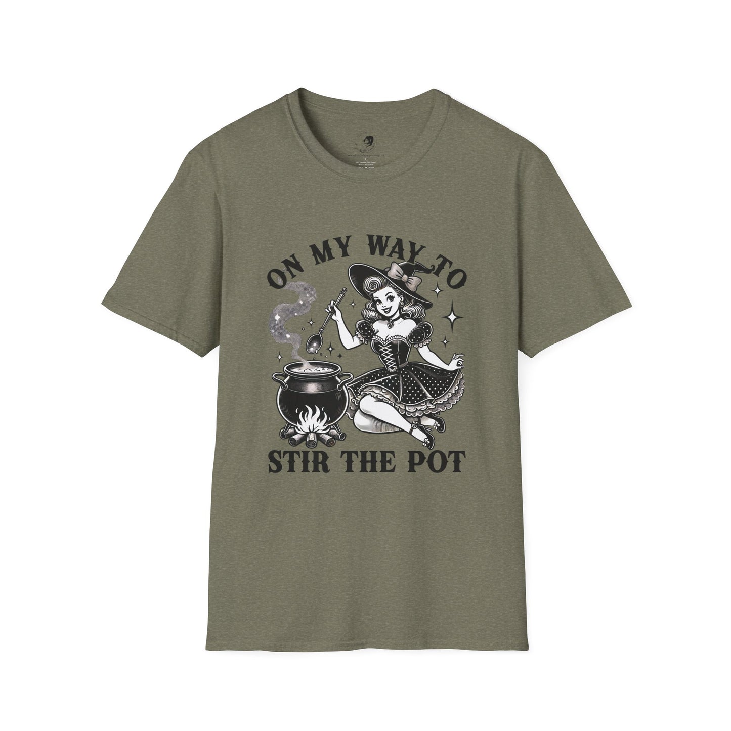 On My Way To Stir The Pot Whimsical Witch T-Shirt - Unisex Softstyle Shirt