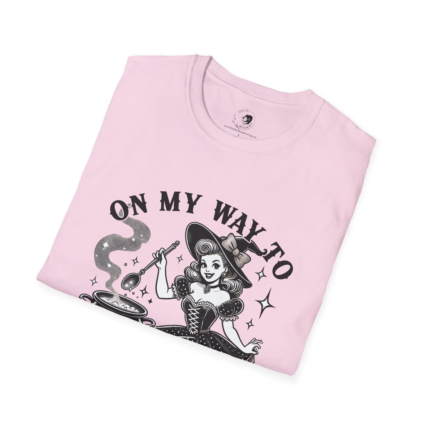On My Way To Stir The Pot Whimsical Witch T-Shirt - Unisex Softstyle Shirt