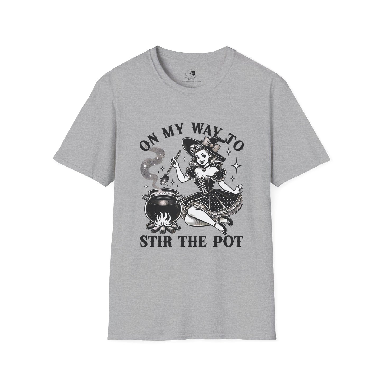 On My Way To Stir The Pot Whimsical Witch T-Shirt - Unisex Softstyle Shirt