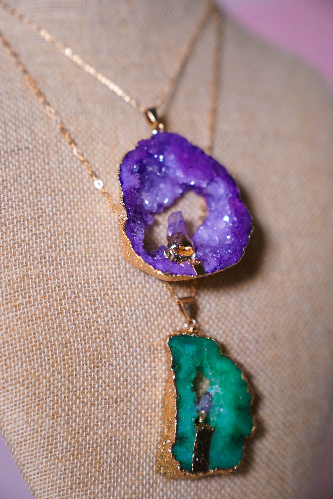Crystal Cave Agate Hollow Raw Stone Sliced Pendant Necklace