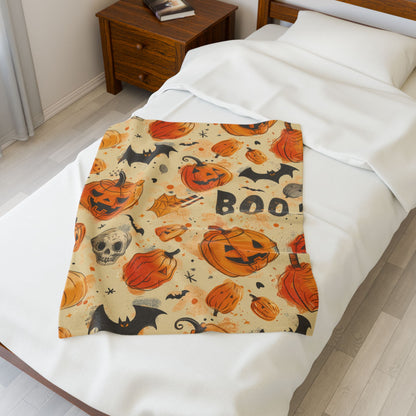 Pumpkins And Bats Velveteen Plush Blanket, Cozy Halloween Throw, Soft Blanket for Fall, Cute Home Décor, Perfect Gift for Kids
