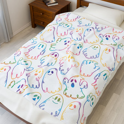 Rainbow Ghosts Velveteen Plush Blanket, Cozy Halloween Throw, Soft Blanket for Fall, Cute Home Décor, Perfect Gift for Kids