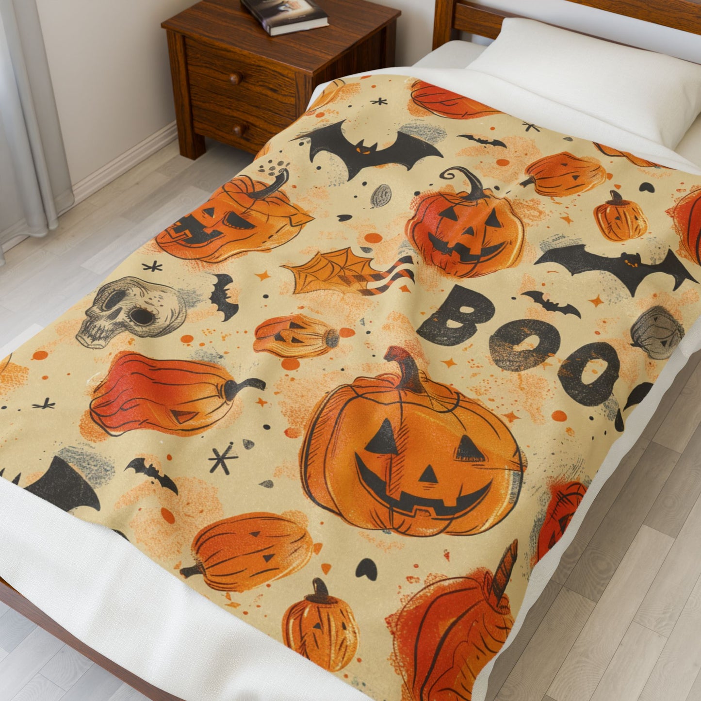 Pumpkins And Bats Velveteen Plush Blanket, Cozy Halloween Throw, Soft Blanket for Fall, Cute Home Décor, Perfect Gift for Kids