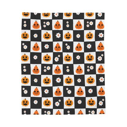 Quilt Pattern Pumpkins and Squash Velveteen Plush Blanket, Cozy Halloween Throw, Soft Blanket for Fall, Cute Home Décor, Perfect Gift for Kids