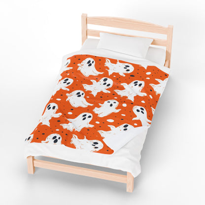 Orange Ghosts Velveteen Plush Blanket, Cozy Halloween Throw, Soft Blanket for Fall, Cute Home Décor, Perfect Gift for Kids
