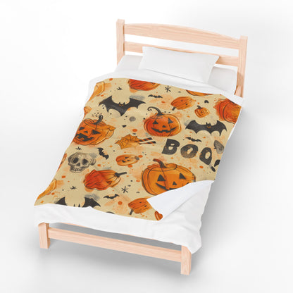 Pumpkins And Bats Velveteen Plush Blanket, Cozy Halloween Throw, Soft Blanket for Fall, Cute Home Décor, Perfect Gift for Kids