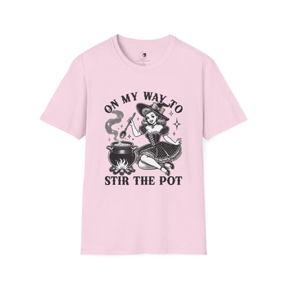 On My Way To Stir The Pot Whimsical Witch T-Shirt - Unisex Softstyle Shirt