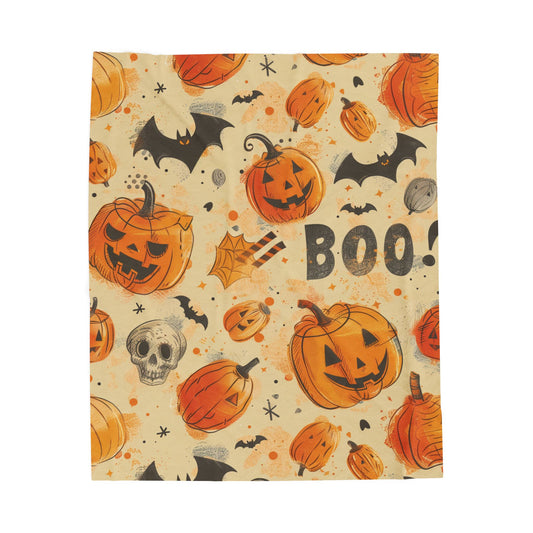 Pumpkins And Bats Velveteen Plush Blanket, Cozy Halloween Throw, Soft Blanket for Fall, Cute Home Décor, Perfect Gift for Kids