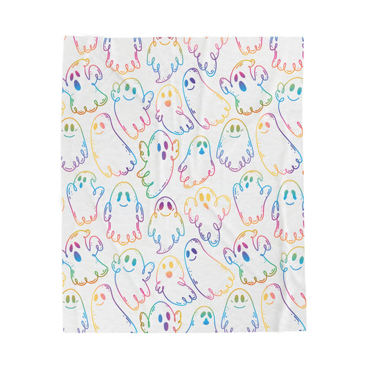 Rainbow Ghosts Velveteen Plush Blanket, Cozy Halloween Throw, Soft Blanket for Fall, Cute Home Décor, Perfect Gift for Kids