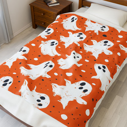 Orange Ghosts Velveteen Plush Blanket, Cozy Halloween Throw, Soft Blanket for Fall, Cute Home Décor, Perfect Gift for Kids