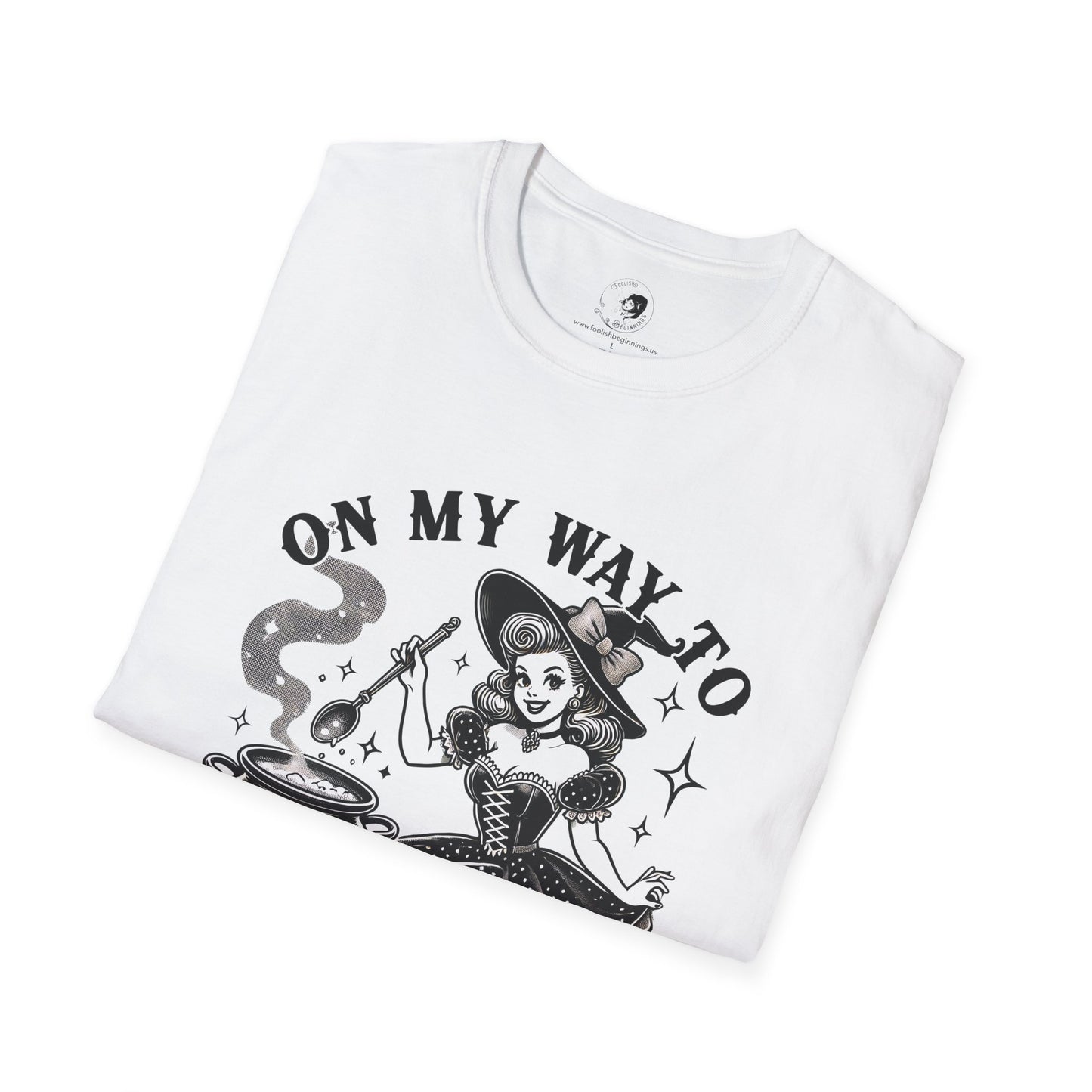 On My Way To Stir The Pot Whimsical Witch T-Shirt - Unisex Softstyle Shirt