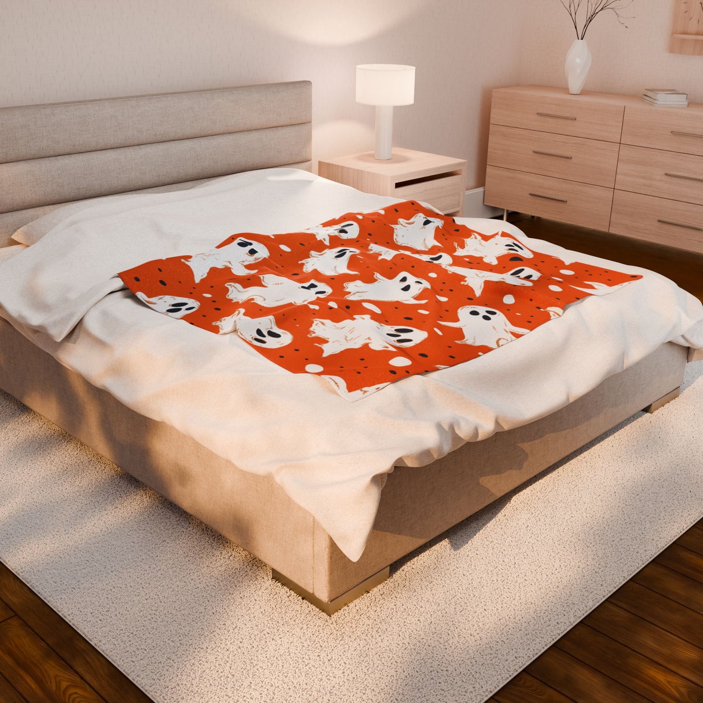 Orange Ghosts Velveteen Plush Blanket, Cozy Halloween Throw, Soft Blanket for Fall, Cute Home Décor, Perfect Gift for Kids