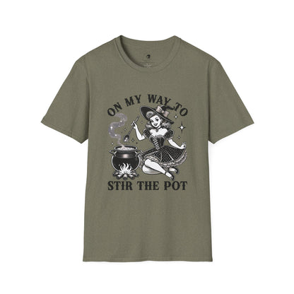 On My Way To Stir The Pot Whimsical Witch T-Shirt - Unisex Softstyle Shirt