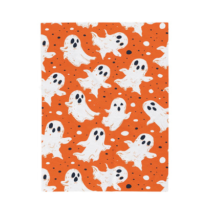 Orange Ghosts Velveteen Plush Blanket, Cozy Halloween Throw, Soft Blanket for Fall, Cute Home Décor, Perfect Gift for Kids