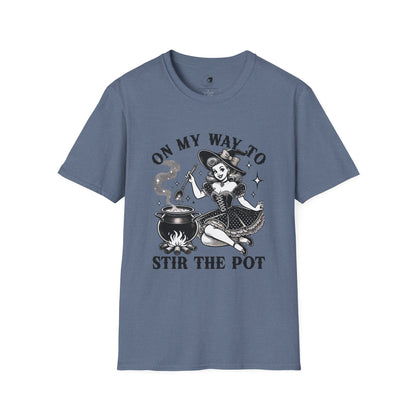 On My Way To Stir The Pot Whimsical Witch T-Shirt - Unisex Softstyle Shirt