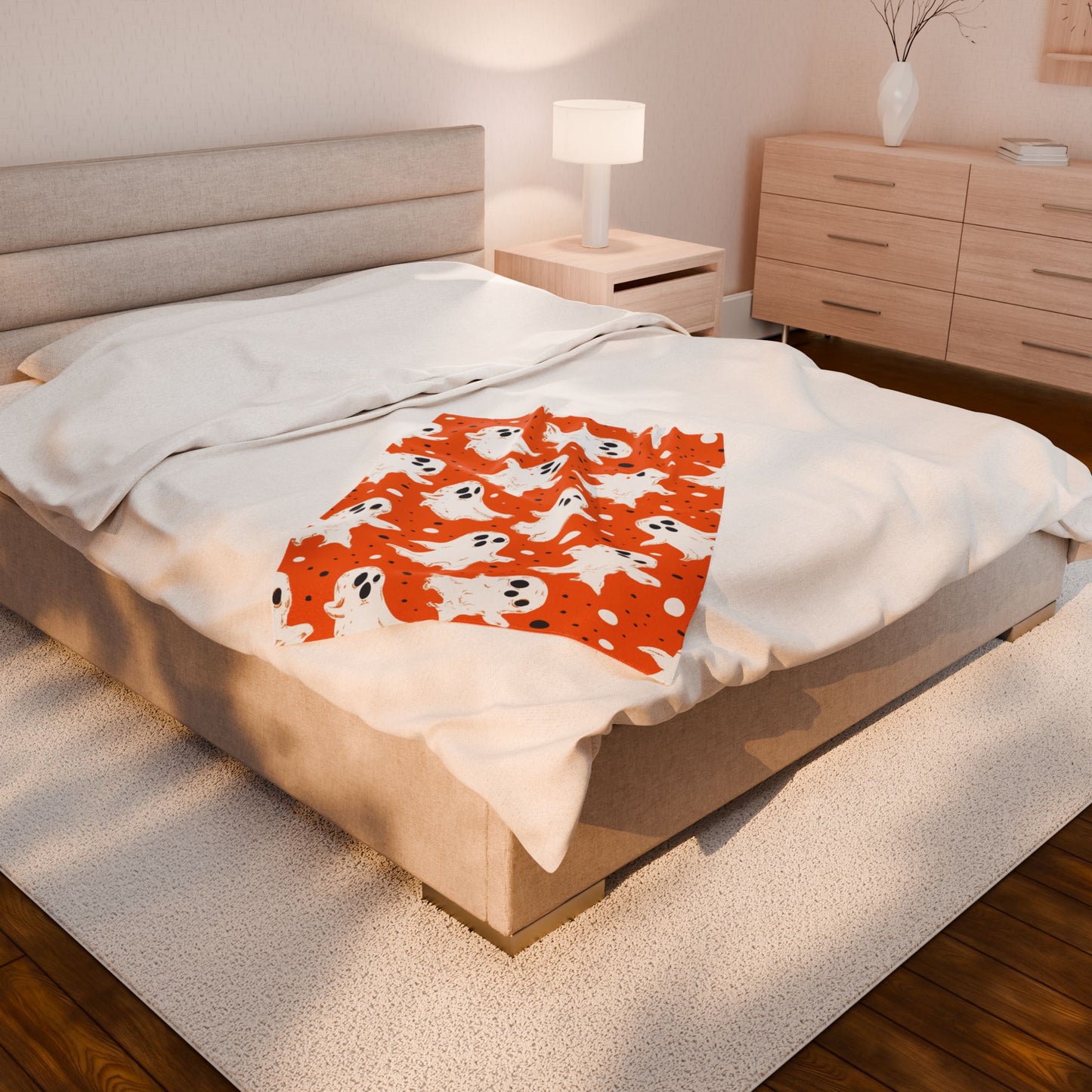 Orange Ghosts Velveteen Plush Blanket, Cozy Halloween Throw, Soft Blanket for Fall, Cute Home Décor, Perfect Gift for Kids
