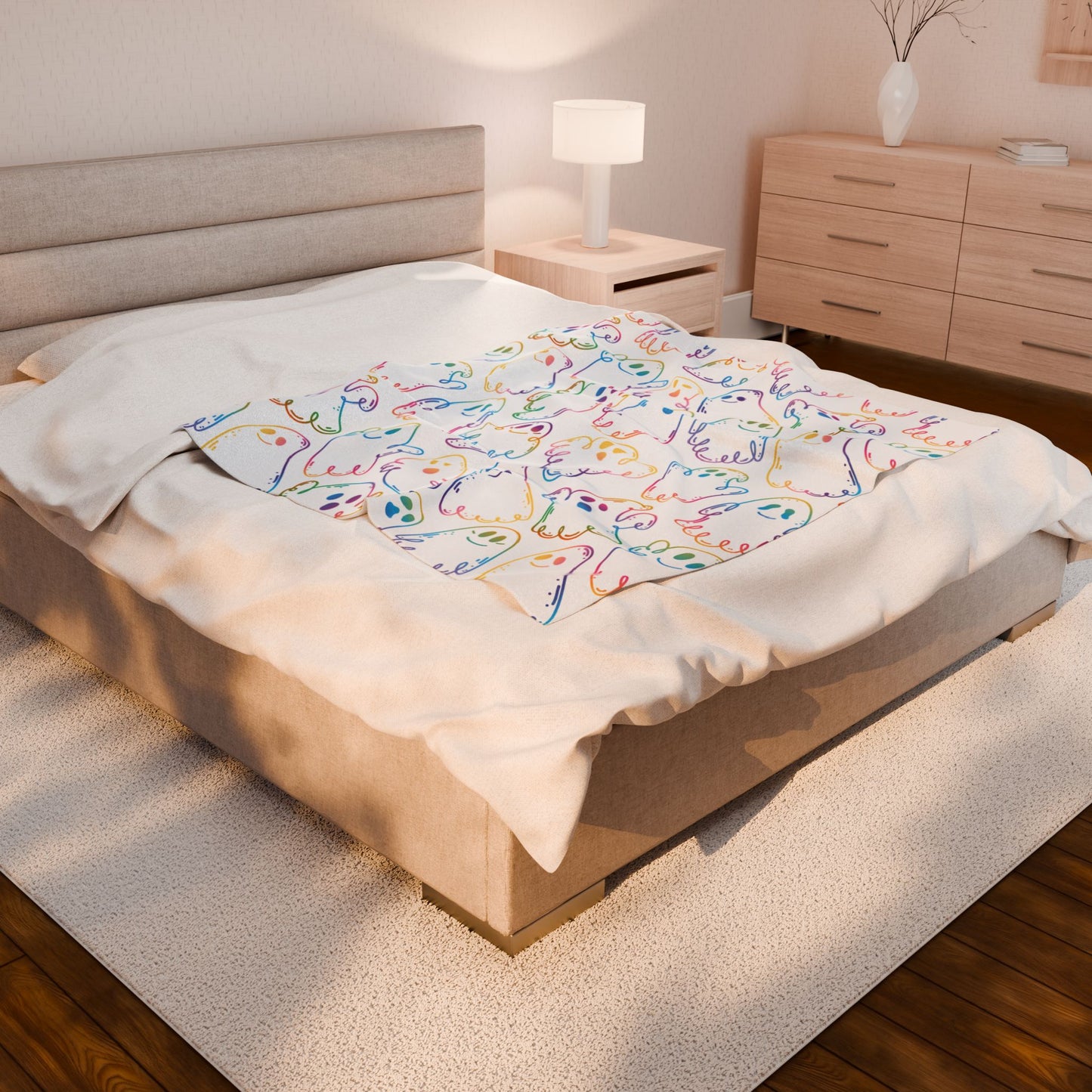 Rainbow Ghosts Velveteen Plush Blanket, Cozy Halloween Throw, Soft Blanket for Fall, Cute Home Décor, Perfect Gift for Kids