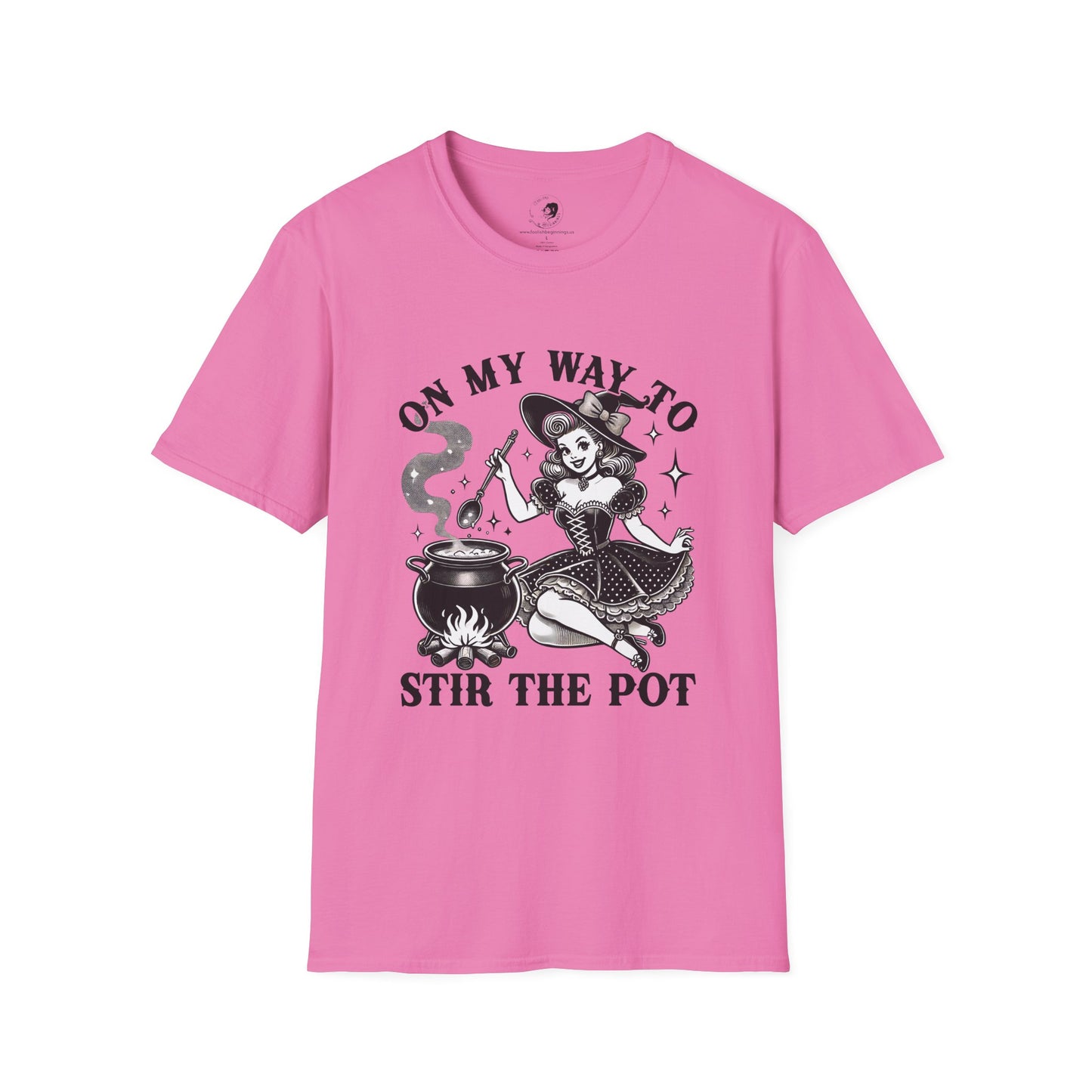 On My Way To Stir The Pot Whimsical Witch T-Shirt - Unisex Softstyle Shirt