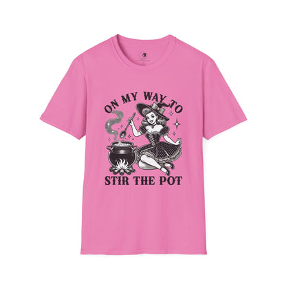 On My Way To Stir The Pot Whimsical Witch T-Shirt - Unisex Softstyle Shirt