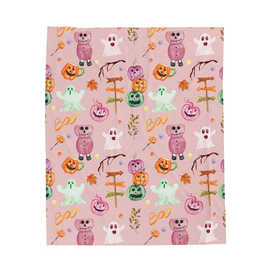 Watercolor Pink Halloween Velveteen Plush Blanket, Cozy Halloween Throw, Soft Blanket for Fall, Cute Home Décor, Perfect Gift for Kids