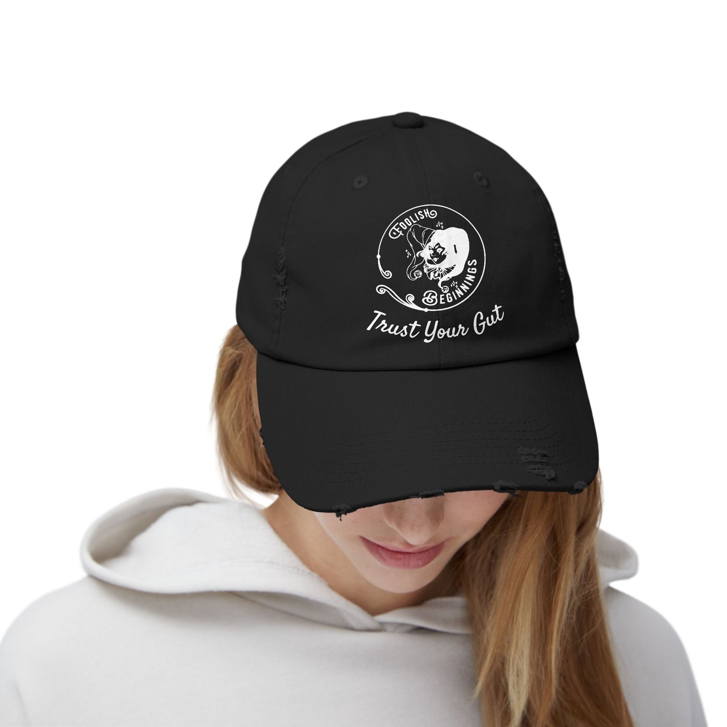Unisex Distressed Cap - Foolish Beginnings "Trust Your Gut" Vintage Style