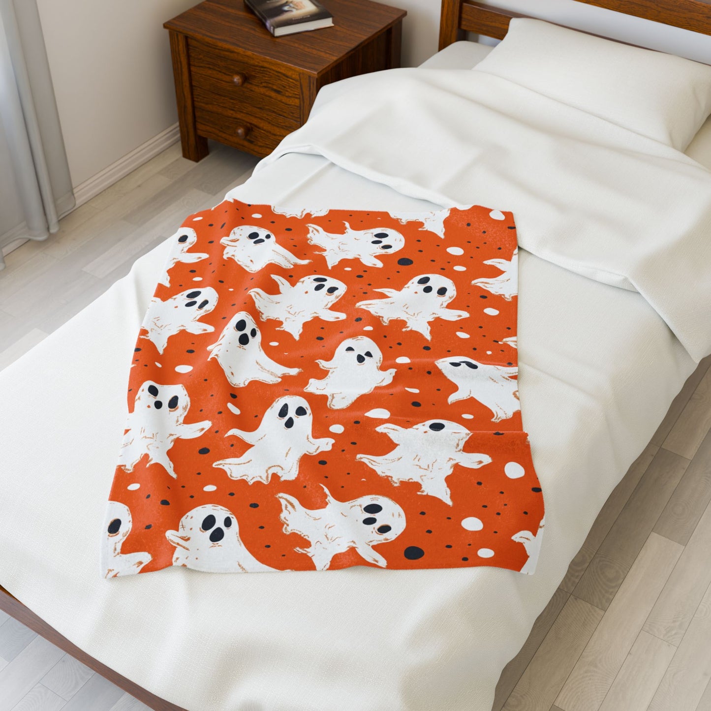 Orange Ghosts Velveteen Plush Blanket, Cozy Halloween Throw, Soft Blanket for Fall, Cute Home Décor, Perfect Gift for Kids