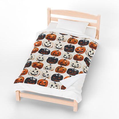Painted Pumpkins Velveteen Plush Blanket, Cozy Halloween Throw, Soft Blanket for Fall, Cute Home Décor, Perfect Gift for Kids