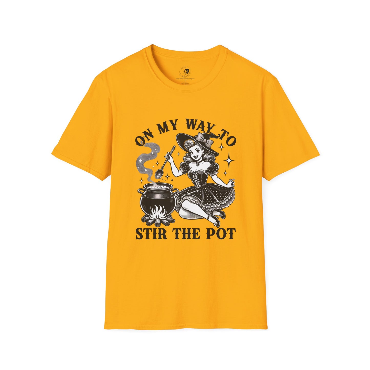 On My Way To Stir The Pot Whimsical Witch T-Shirt - Unisex Softstyle Shirt