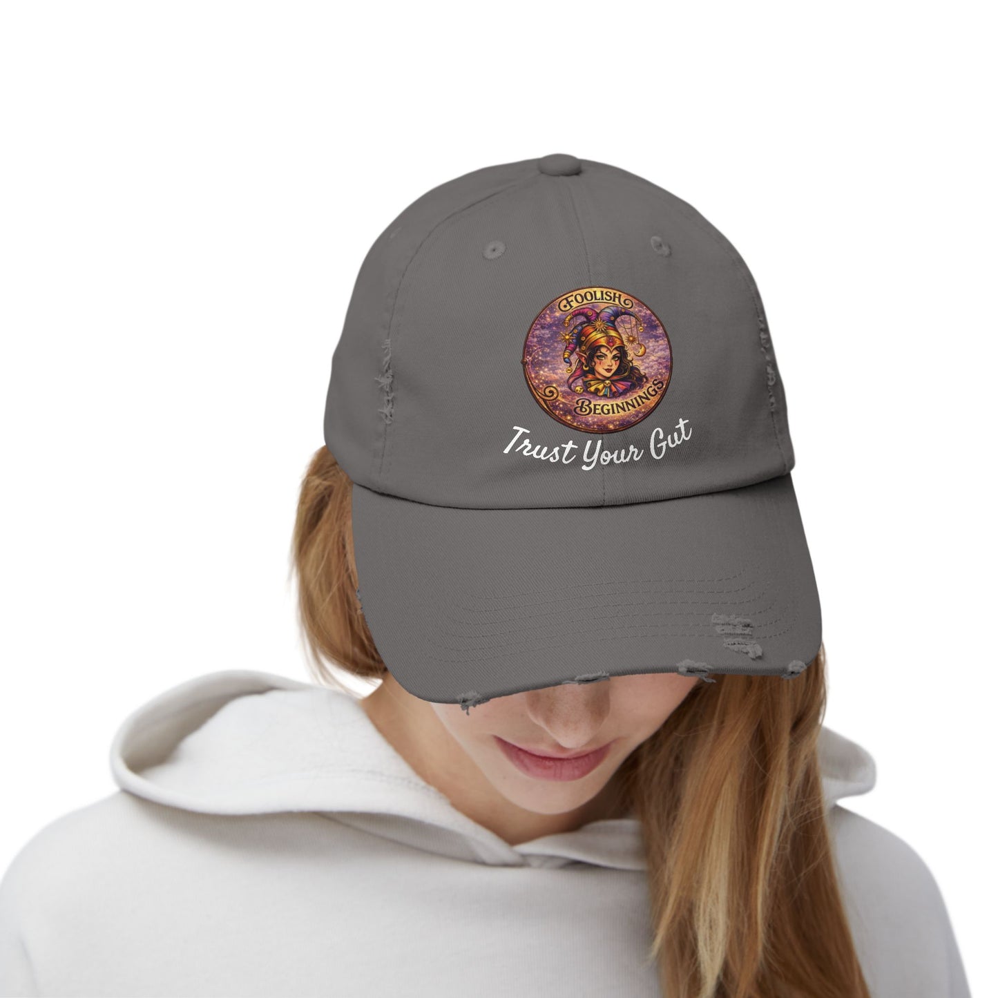 Unisex Distressed Cap - Foolish Beginnings "Trust Your Gut" Vintage Style