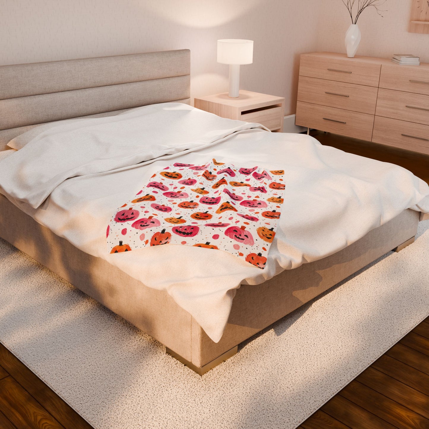 Pink and Orange Pumpkins Velveteen Plush Blanket, Cozy Halloween Throw, Soft Blanket for Fall, Cute Home Décor, Perfect Gift for Kids