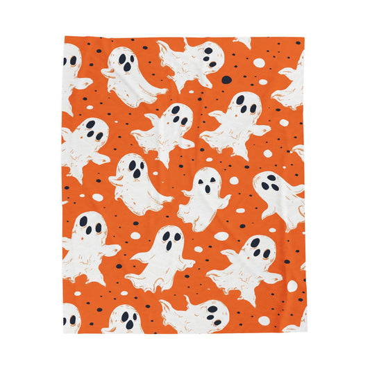 Orange Ghosts Velveteen Plush Blanket, Cozy Halloween Throw, Soft Blanket for Fall, Cute Home Décor, Perfect Gift for Kids