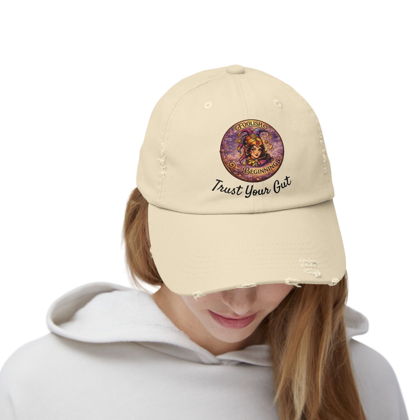 Unisex Distressed Cap - Foolish Beginnings "Trust Your Gut" Vintage Style