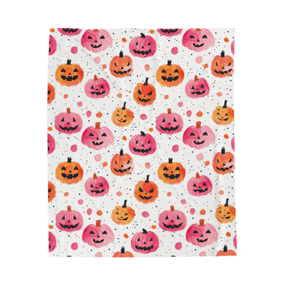 Pink and Orange Pumpkins Velveteen Plush Blanket, Cozy Halloween Throw, Soft Blanket for Fall, Cute Home Décor, Perfect Gift for Kids