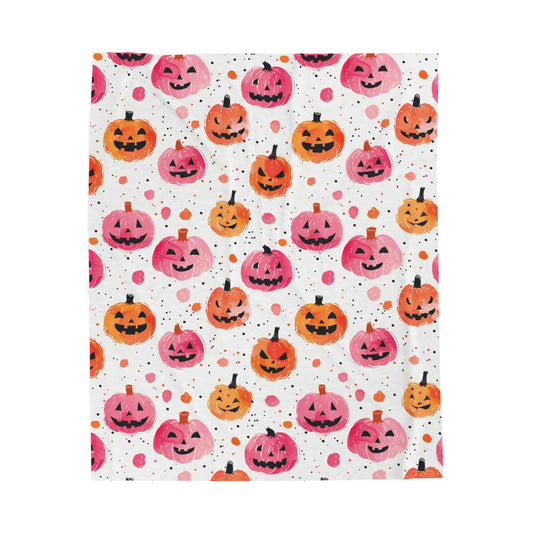 Pink and Orange Pumpkins Velveteen Plush Blanket, Cozy Halloween Throw, Soft Blanket for Fall, Cute Home Décor, Perfect Gift for Kids