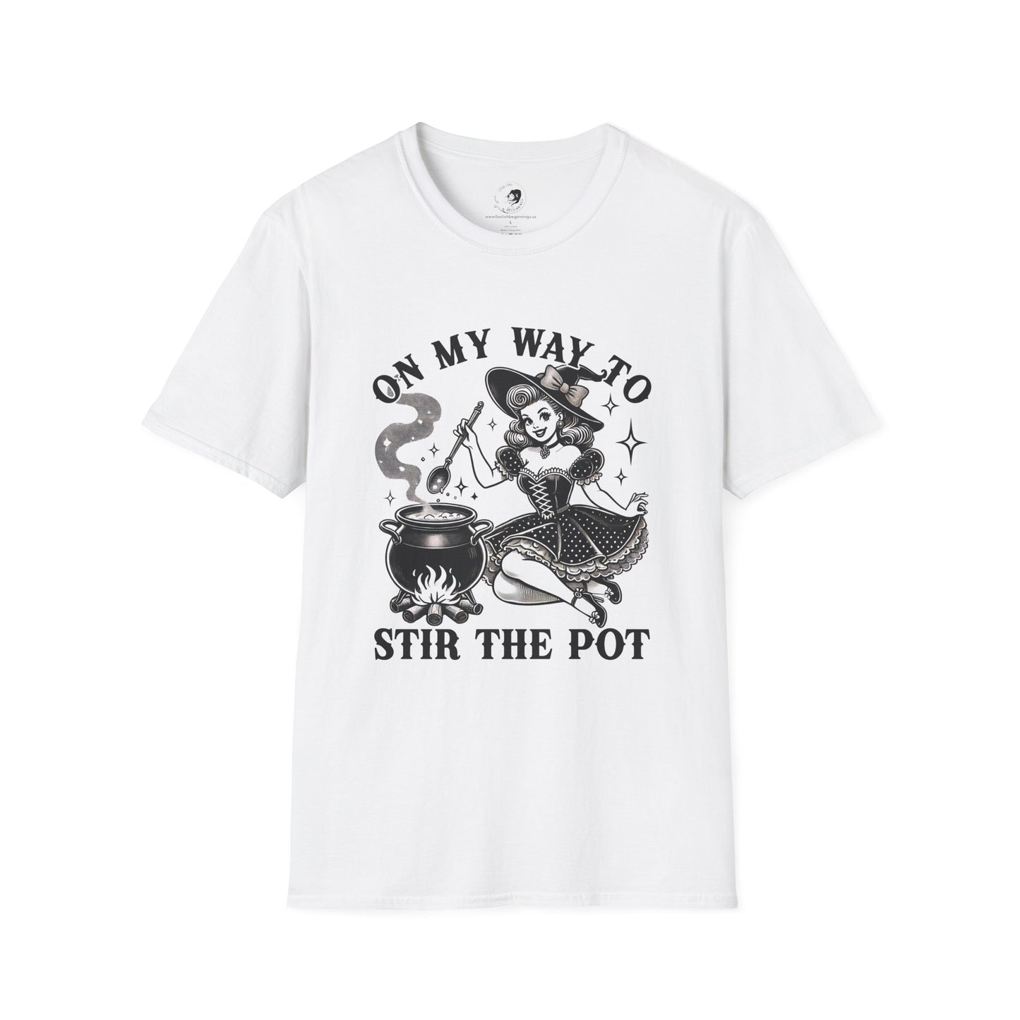 On My Way To Stir The Pot Whimsical Witch T-Shirt - Unisex Softstyle Shirt