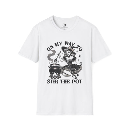 On My Way To Stir The Pot Whimsical Witch T-Shirt - Unisex Softstyle Shirt