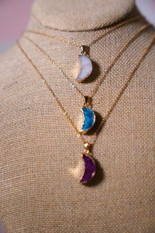 Natural Crystal Moon Pendant Necklace